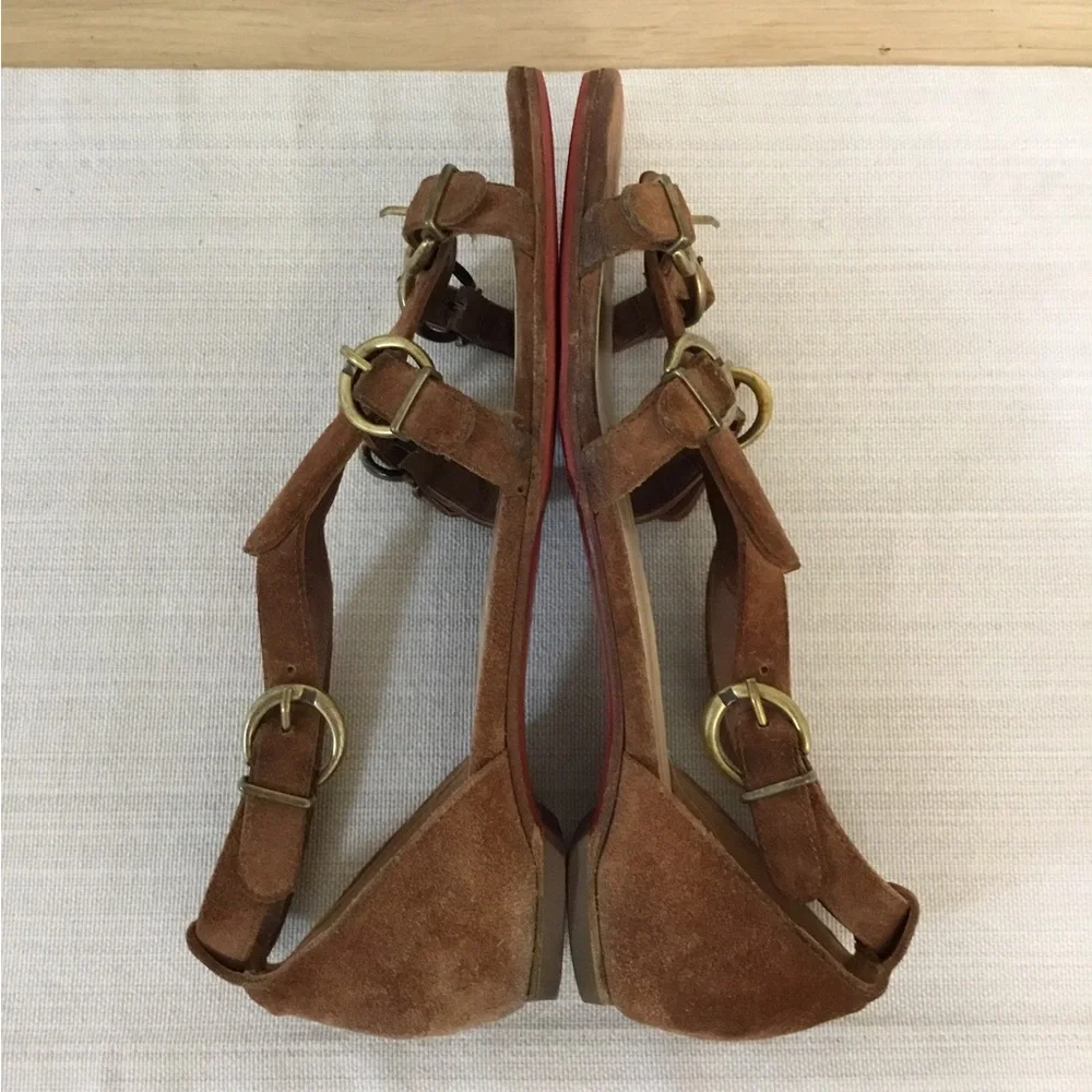 Christian Louboutin Brown Suede Strappy Flat Sandals with Gold Buckles
